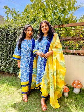 Blue Digital Printed Yellow Lace Cotton Stitched Suit Set