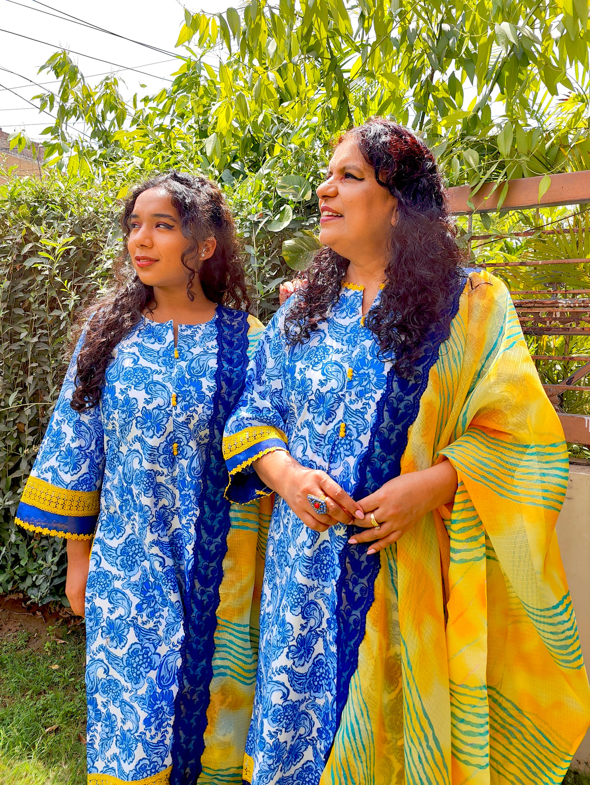 Blue Digital Printed Yellow Lace Cotton Stitched Suit Set