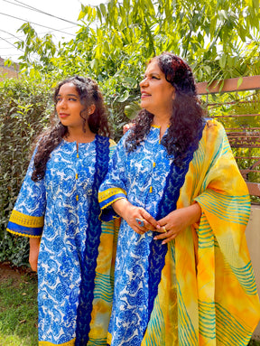 Blue Digital Printed Yellow Lace Cotton Stitched Suit Set