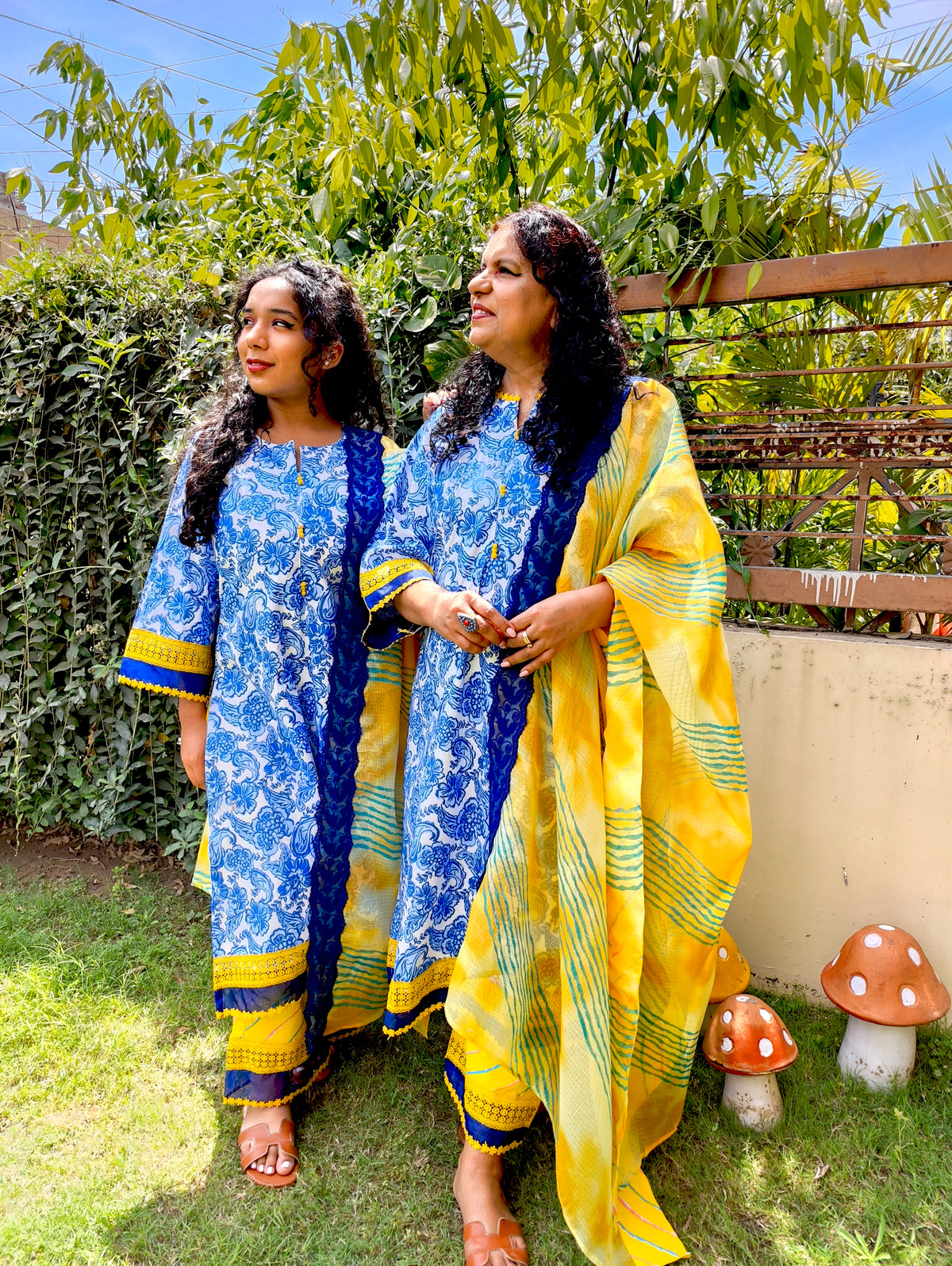 Blue Digital Printed Yellow Lace Cotton Stitched Suit Set
