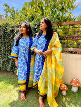 Blue Digital Printed Yellow Lace Cotton Stitched Suit Set