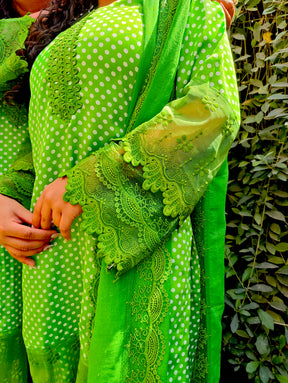 Green Polka Dot Satin Silk Stitched Suit Set