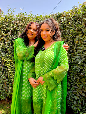 Green Polka Dot Satin Silk Stitched Suit Set