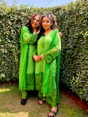 Green Polka Dot Satin Silk Stitched Suit Set