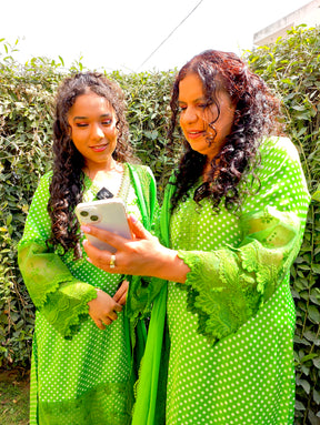 Green Polka Dot Satin Silk Stitched Suit Set