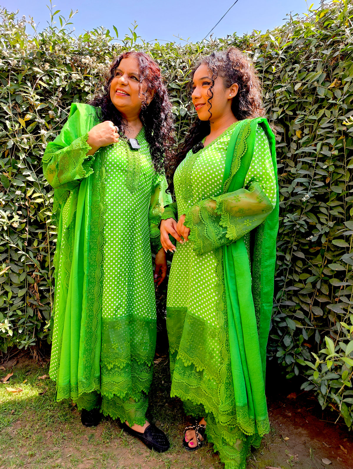 Green Polka Dot Satin Silk Stitched Suit Set