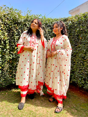 Cream Heart Embroidered Mirror Stitched Suit Set
