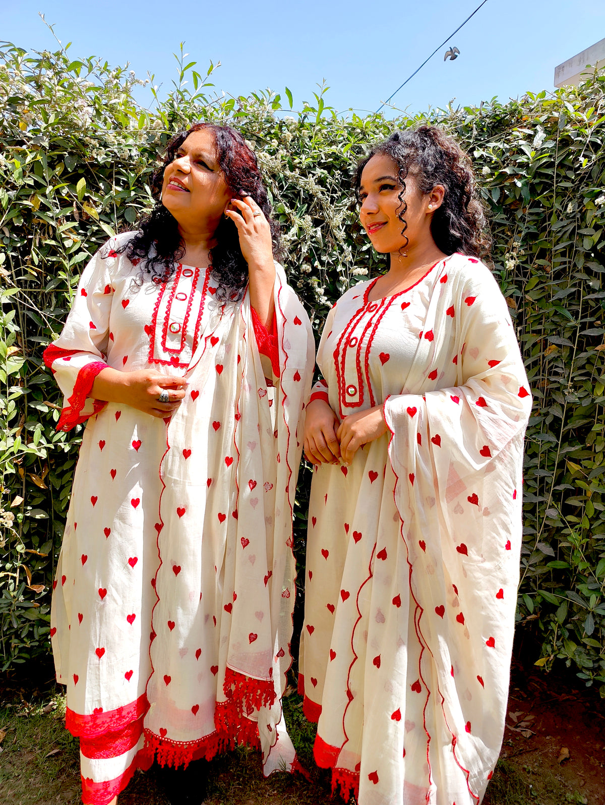 Cream Heart Embroidered Mirror Stitched Suit Set