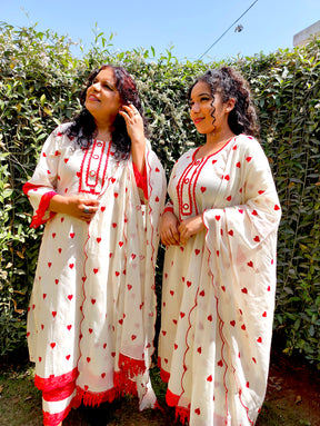 Cream Heart Embroidered Mirror Stitched Suit Set