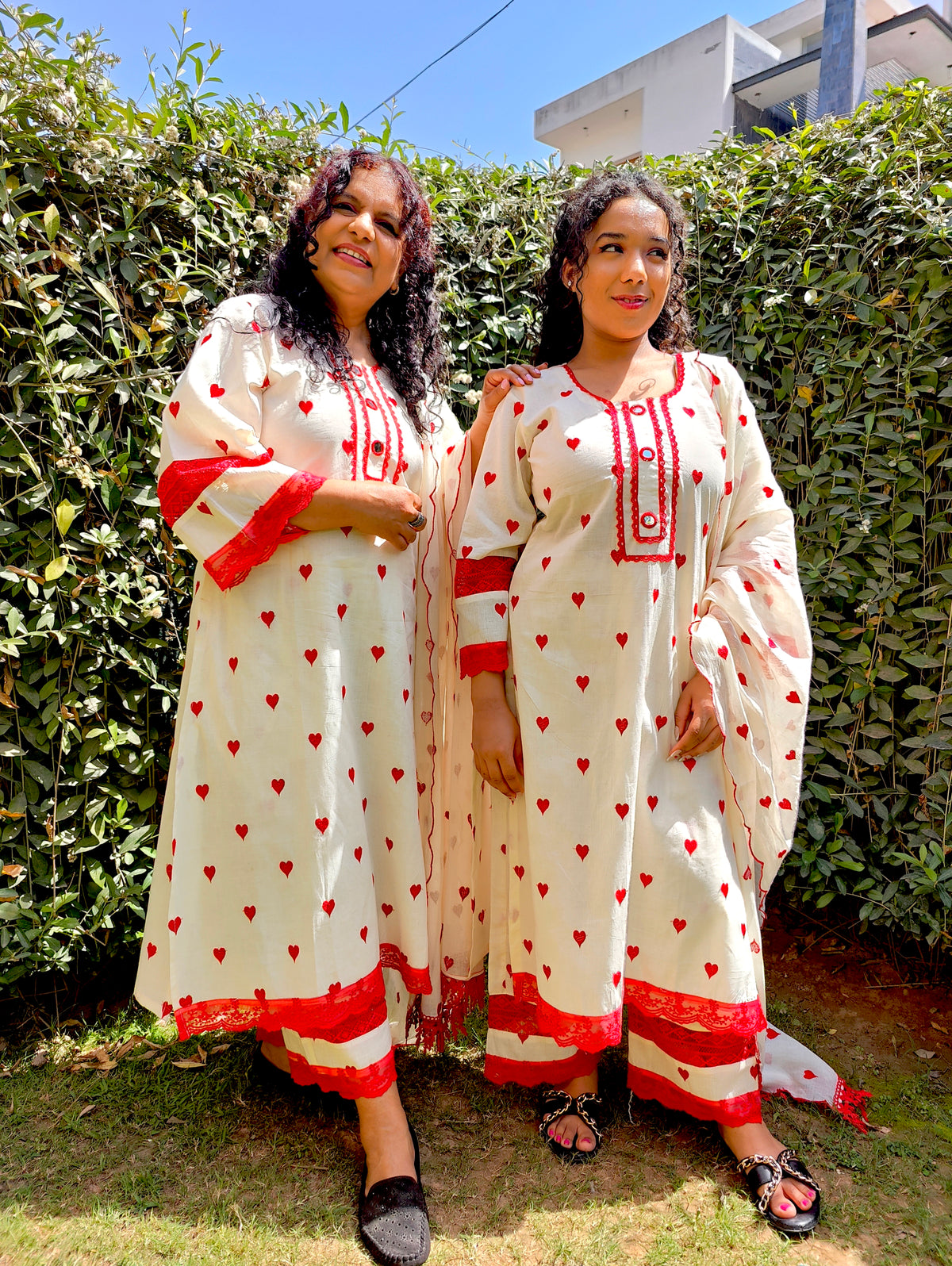Cream Heart Embroidered Mirror Stitched Suit Set