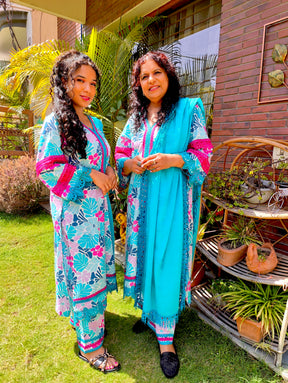 Sky Blue Multi Floral Digital Printed Cotton Stitched Suit Set