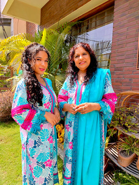 Sky Blue Multi Floral Digital Printed Cotton Stitched Suit Set