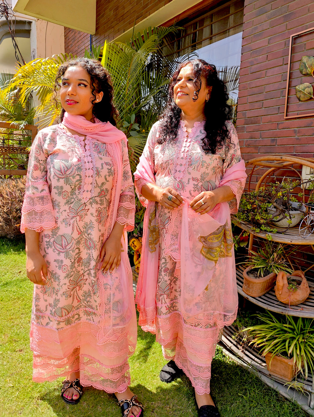 Peach Handblock Cotton Italian Lace Stitched Suit Set