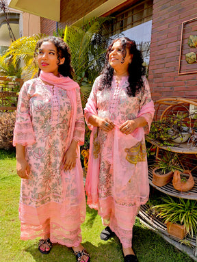 Peach Handblock Cotton Italian Lace Stitched Suit Set