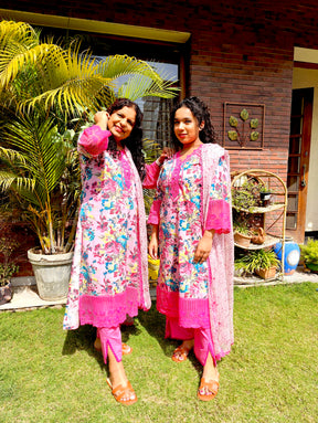 Pink Floral Handblock Magenta Lace Stitched Suit Set