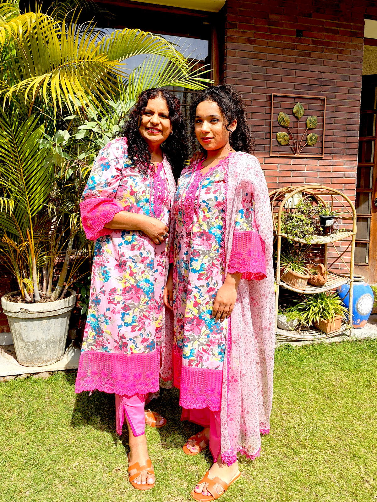 Pink Floral Handblock Magenta Lace Stitched Suit Set