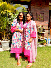 Pink Floral Handblock Magenta Lace Stitched Suit Set