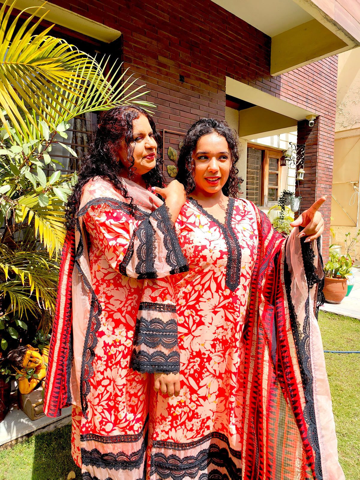Orange Cotton Black Italian Lace Stitched Suit Set