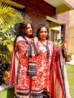 Orange Cotton Black Italian Lace Stitched Suit Set