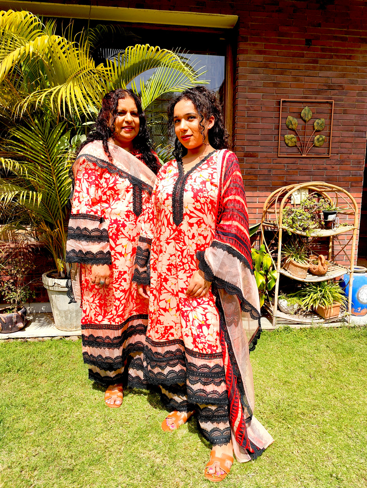 Orange Cotton Black Italian Lace Stitched Suit Set