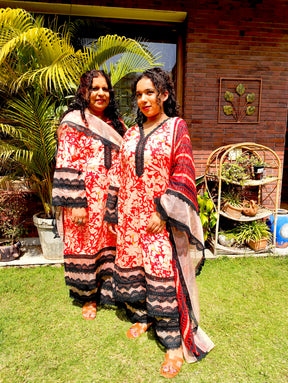 Orange Cotton Black Italian Lace Stitched Suit Set