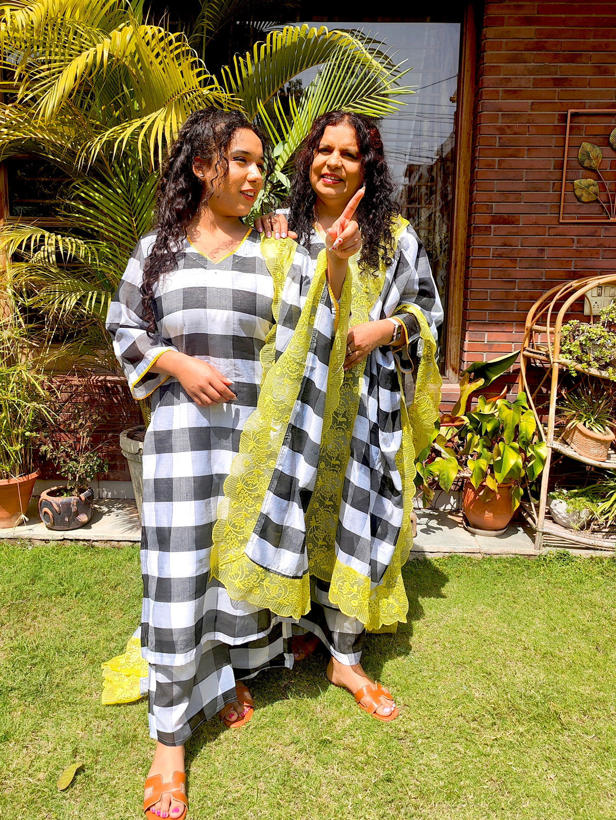 Black and White Checkred Chanderi Stitched Suit Set