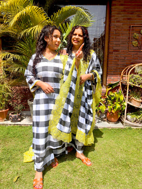 Black and White Checkred Chanderi Stitched Suit Set