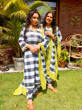 Black and White Checkred Chanderi Stitched Suit Set