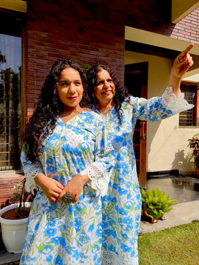 White Handblock Blue Floral Cotton Stitched Co-Ord Set