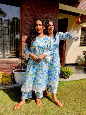 White Handblock Blue Floral Cotton Stitched Co-Ord Set