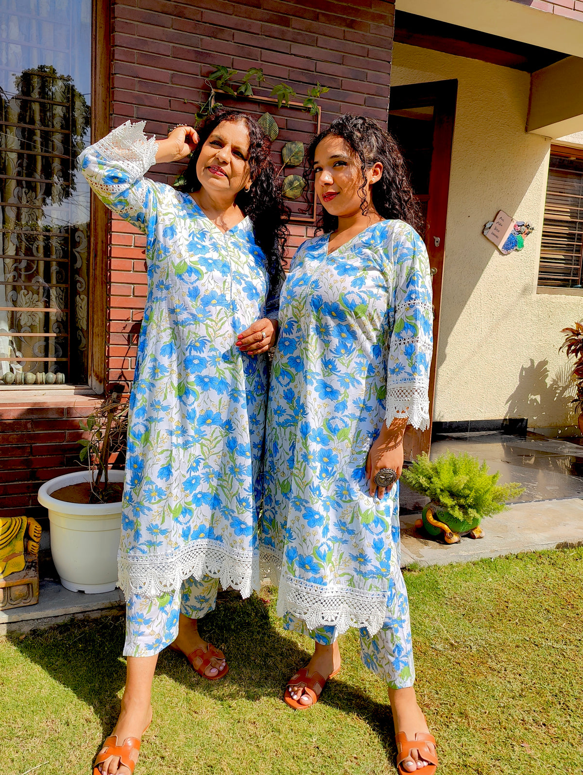White Handblock Blue Floral Cotton Stitched Co-Ord Set