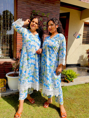 White Handblock Blue Floral Cotton Stitched Co-Ord Set