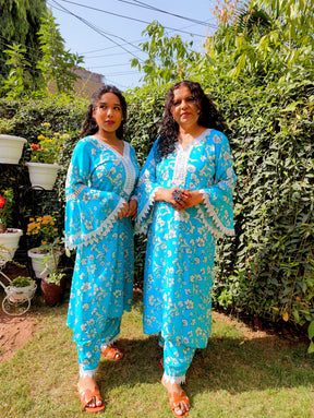 Sky Blue Handblock White Lace Cotton Stitched Co-Ord Set