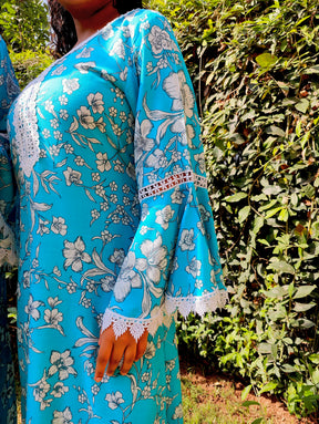 Sky Blue Handblock White Lace Cotton Stitched Co-Ord Set