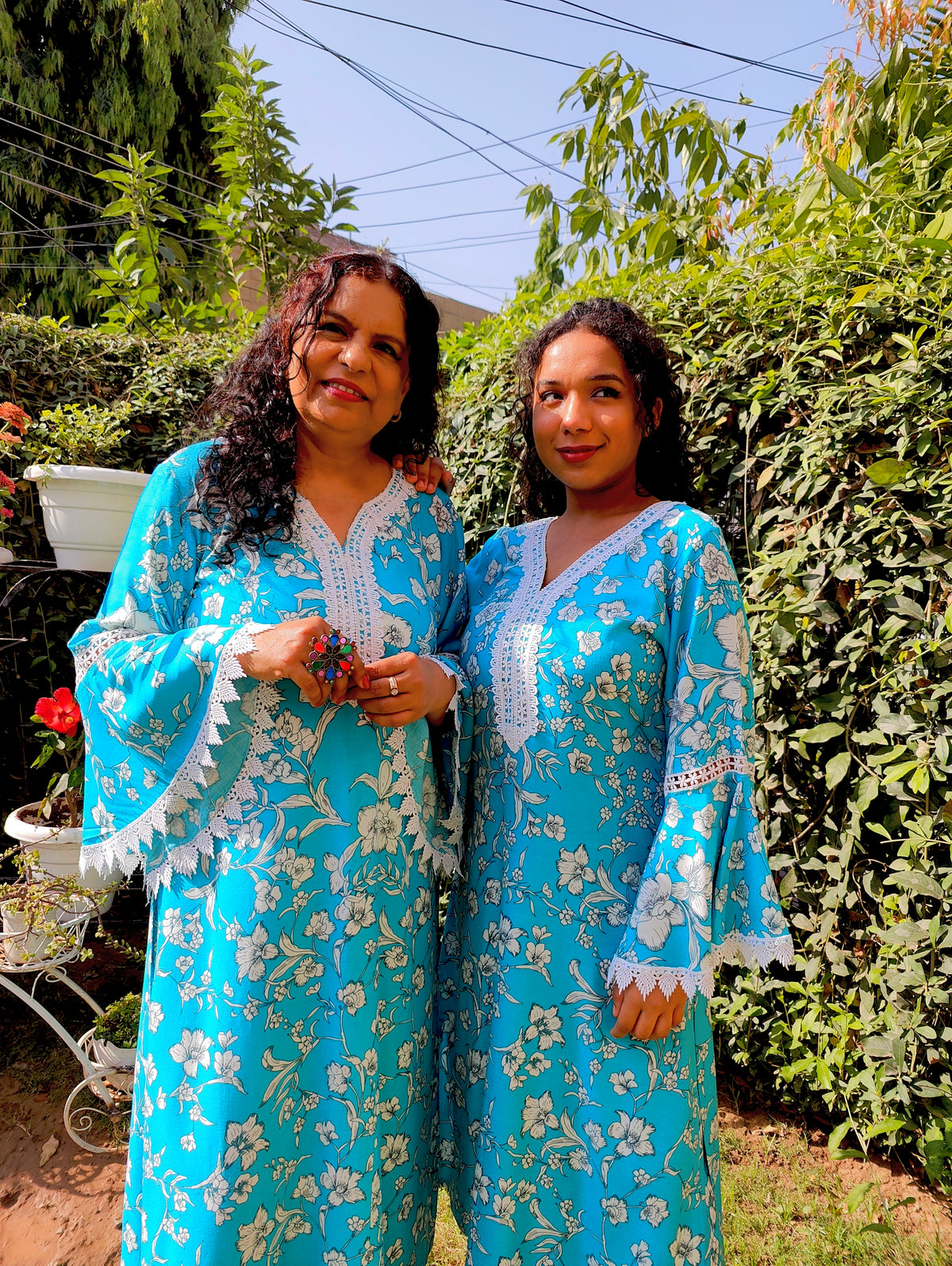 Sky Blue Handblock White Lace Cotton Stitched Co-Ord Set