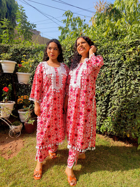 Red and White Tassels Lace Cotton Stitched Co-Ord Set