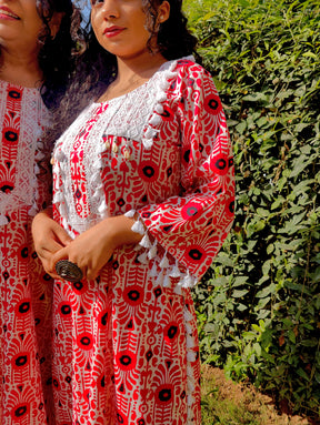 Red and White Tassels Lace Cotton Stitched Co-Ord Set