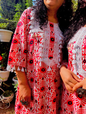 Red and White Tassels Lace Cotton Stitched Co-Ord Set