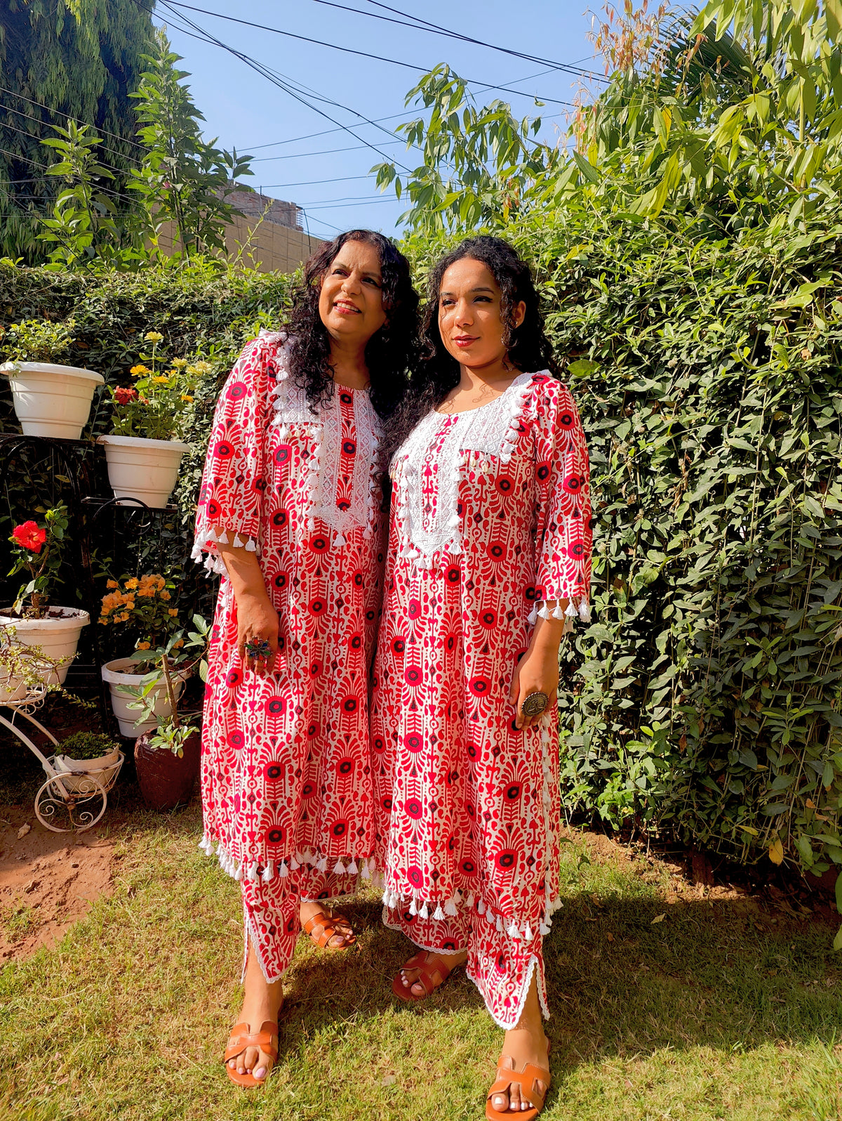 Red and White Tassels Lace Cotton Stitched Co-Ord Set