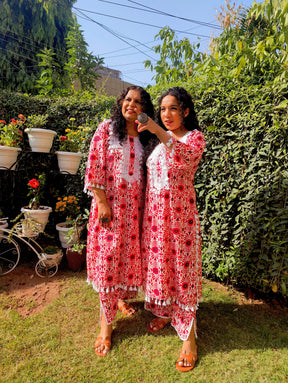 Red and White Tassels Lace Cotton Stitched Co-Ord Set