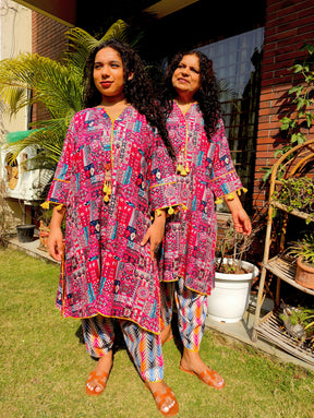 Multi-coloured yellow Lace Cotton Stitched Co-Ord Set