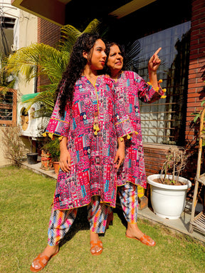 Multi-coloured yellow Lace Cotton Stitched Co-Ord Set