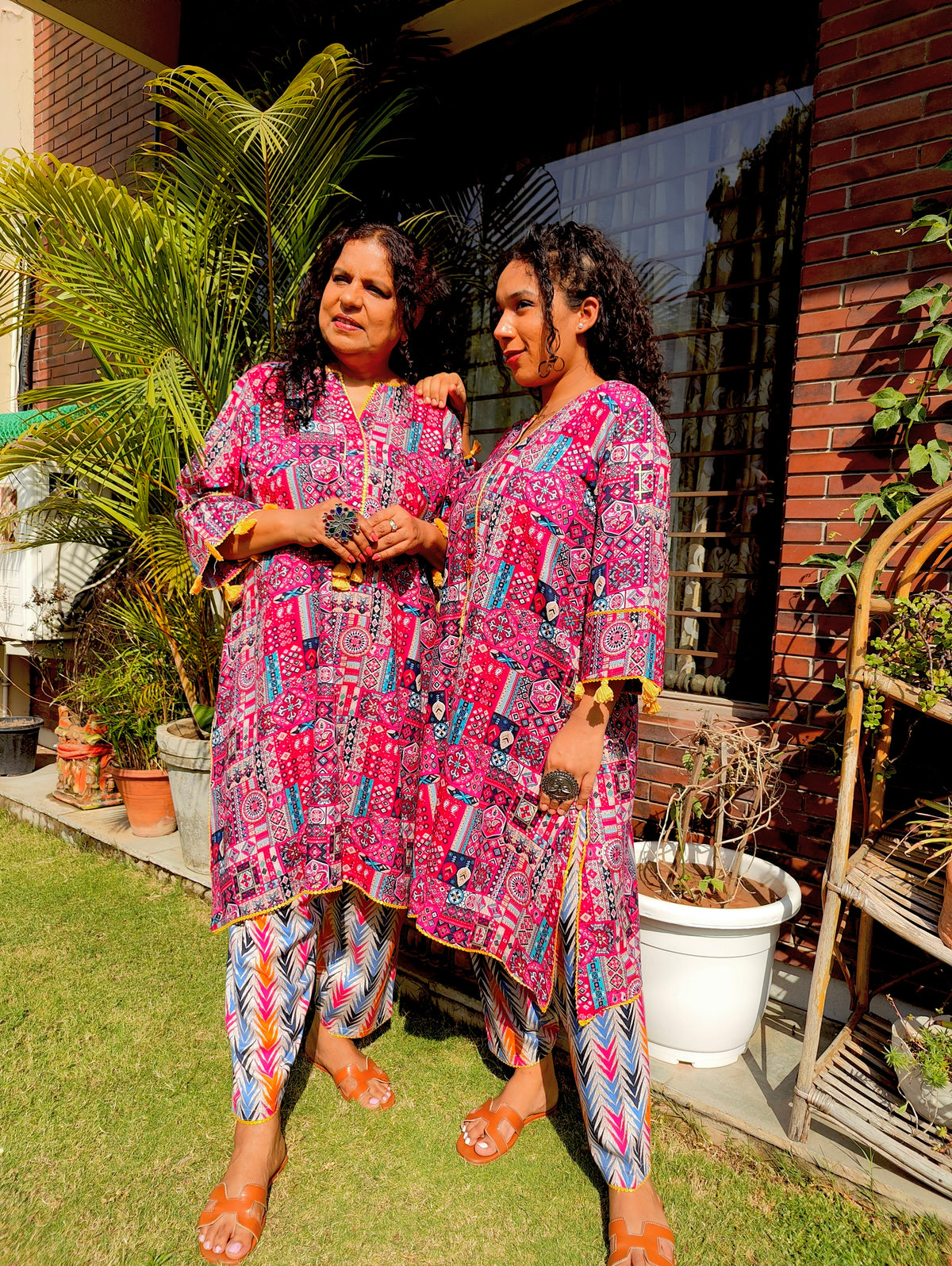 Multi-coloured yellow Lace Cotton Stitched Co-Ord Set