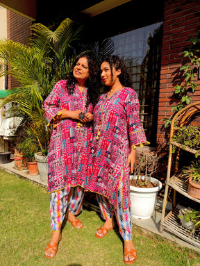 Multi-coloured yellow Lace Cotton Stitched Co-Ord Set