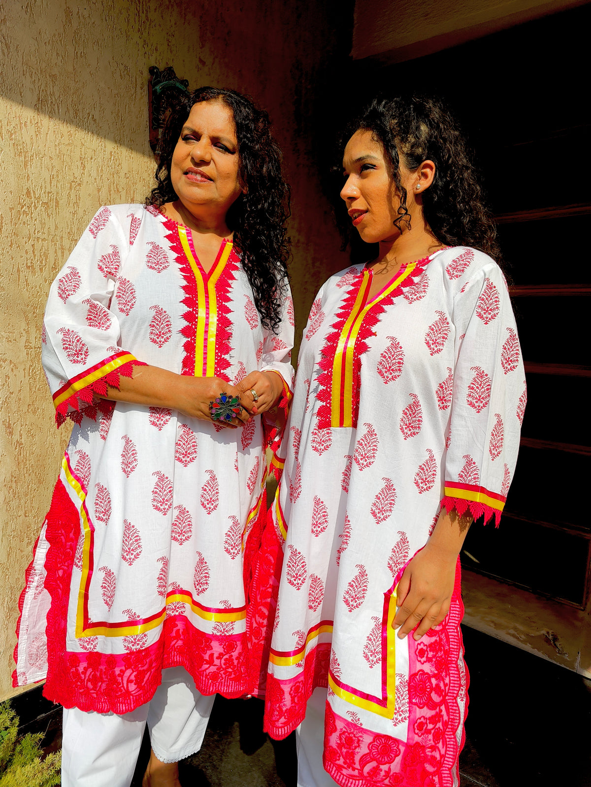 White Handblock Magenta Italian Lace Cotton Stitched Co-Ord Set
