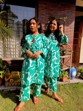 Green and White Digital Printed Cotton Stitched Co-Ord Set