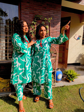 Green and White Digital Printed Cotton Stitched Co-Ord Set