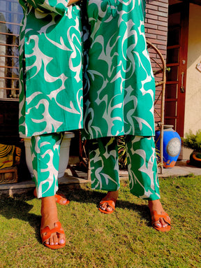 Green and White Digital Printed Cotton Stitched Co-Ord Set