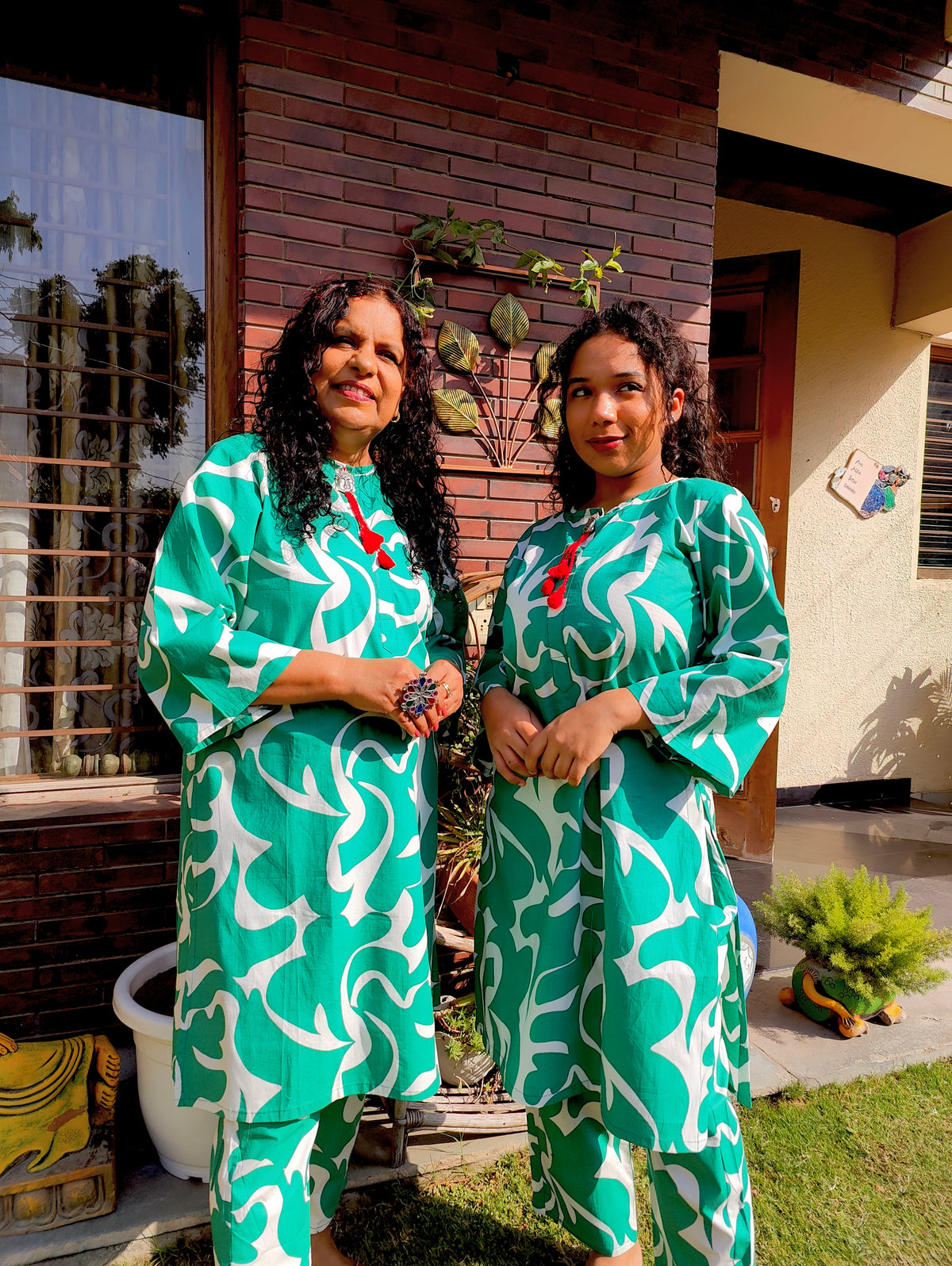 Green and White Digital Printed Cotton Stitched Co-Ord Set