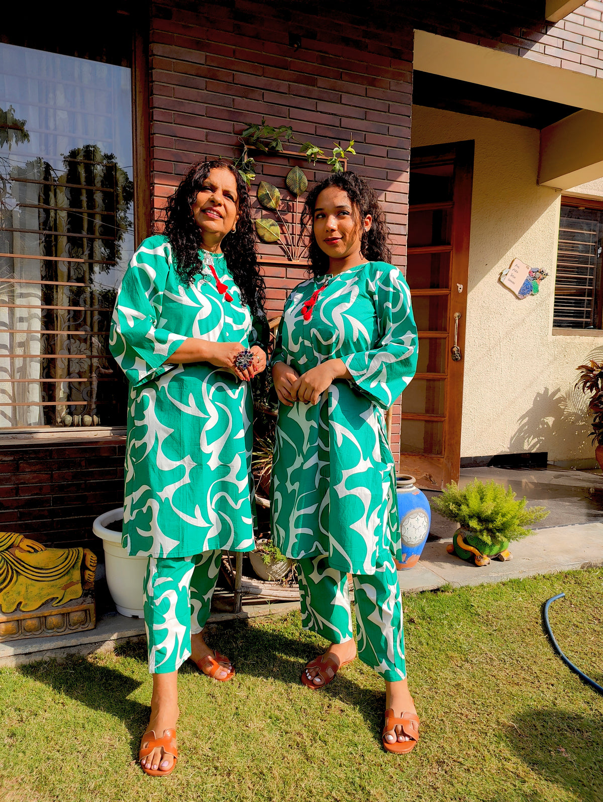 Green and White Digital Printed Cotton Stitched Co-Ord Set